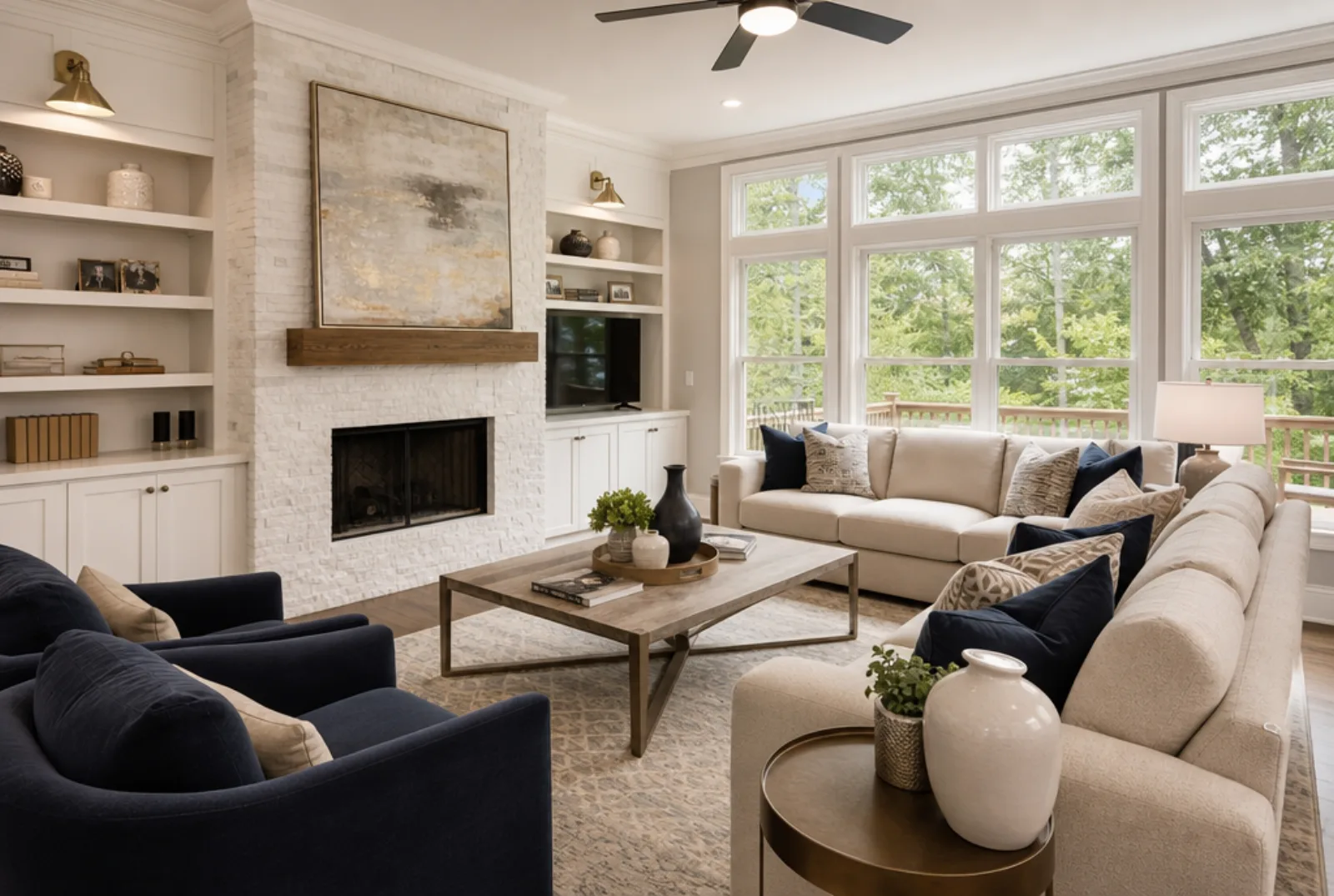 Staged living room in a renovated Decatur craftsman bungalow with deep green upholstery and a natural fiber rug