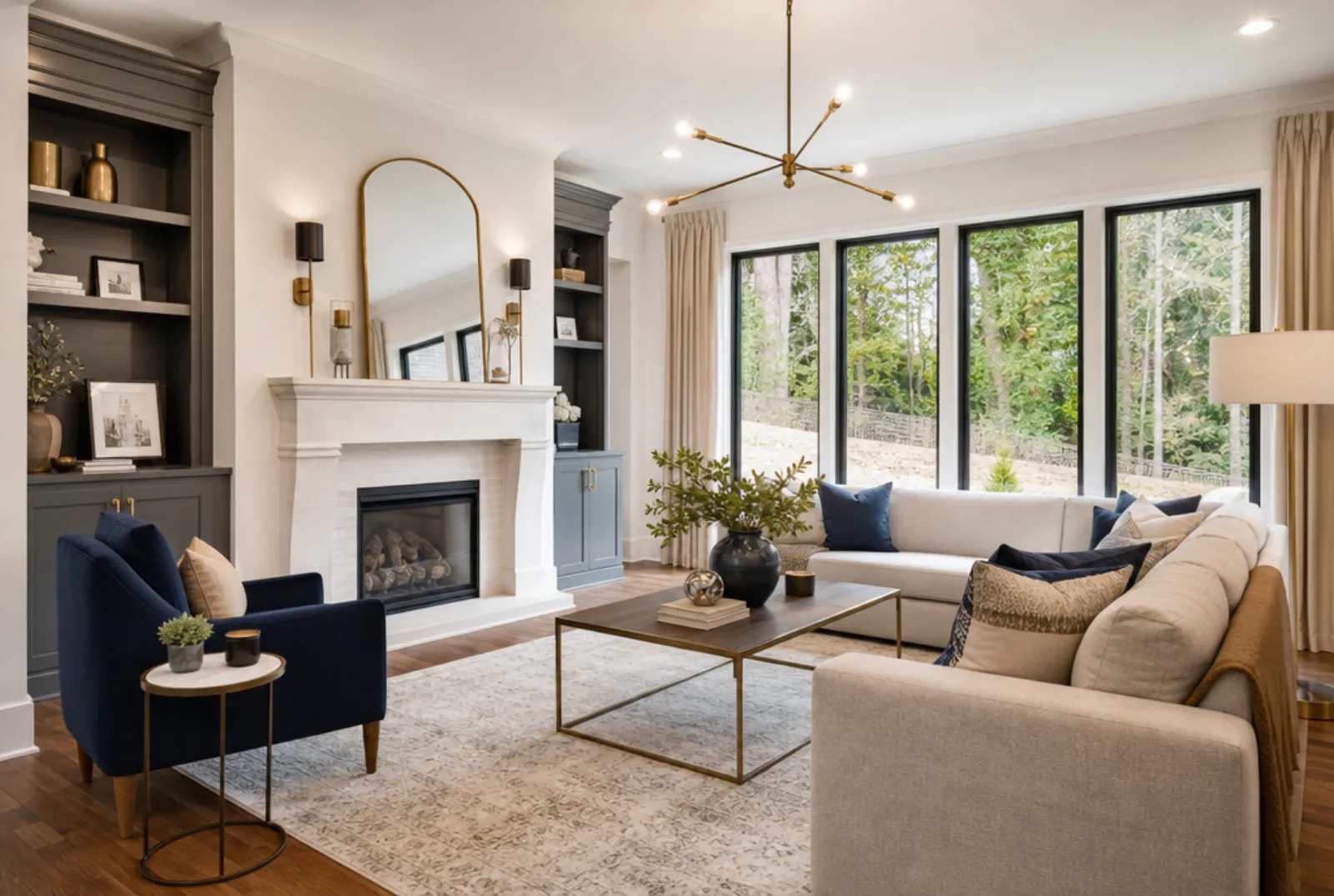 Staged builder model home great room with new construction architecture