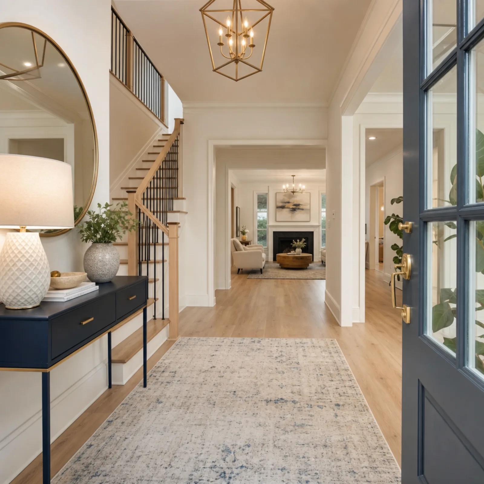 Empty great room staged in navy and warm-neutral styling before showings begin