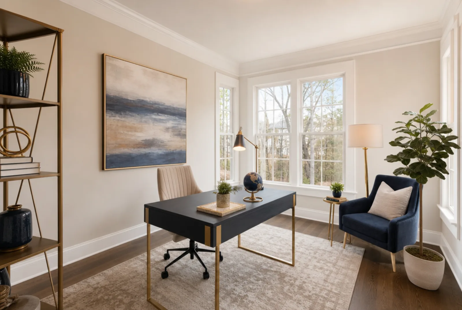Elevated vacant living room staged with navy and warm-neutral pieces in Metro Atlanta