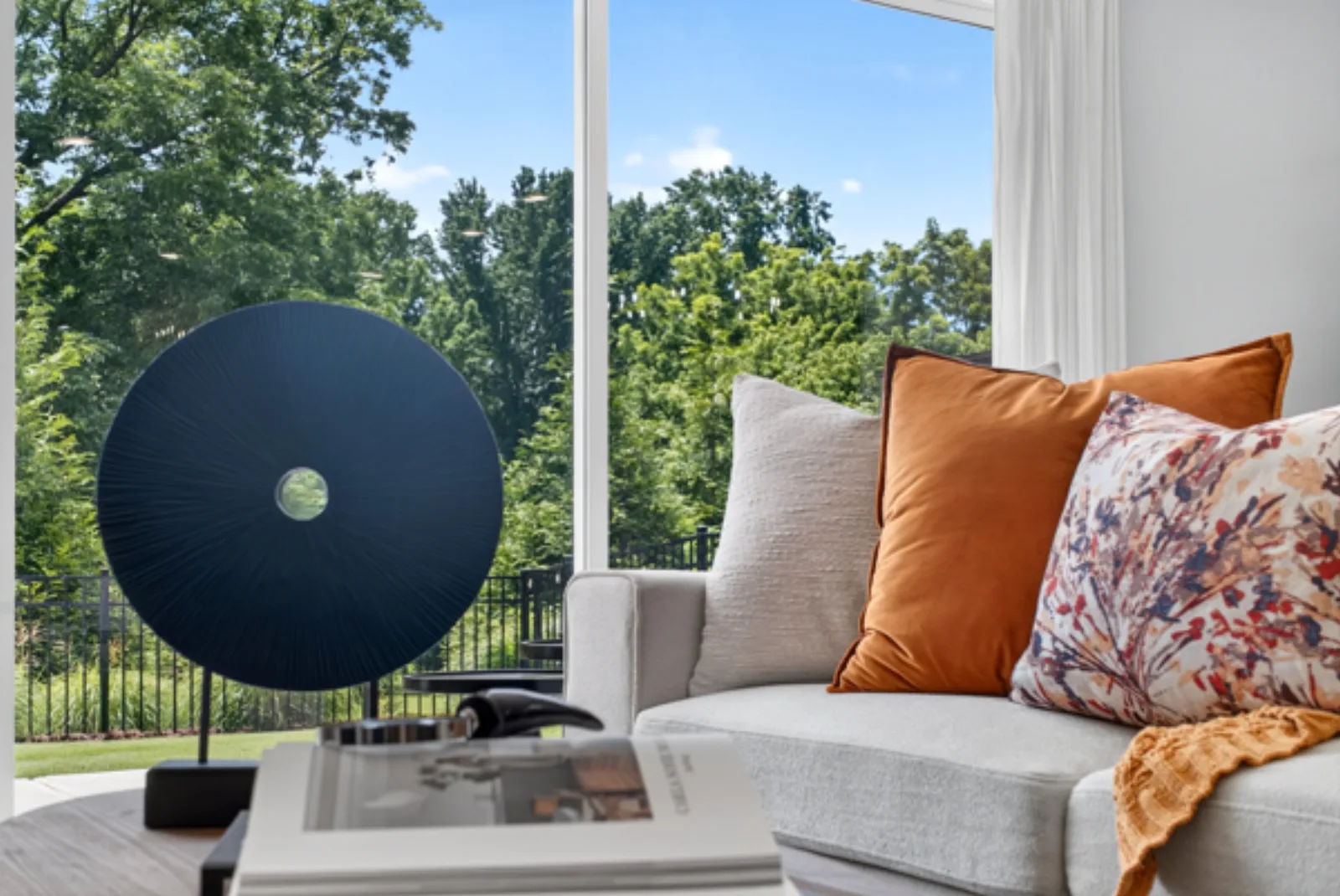Staged living room detail with terracotta velvet