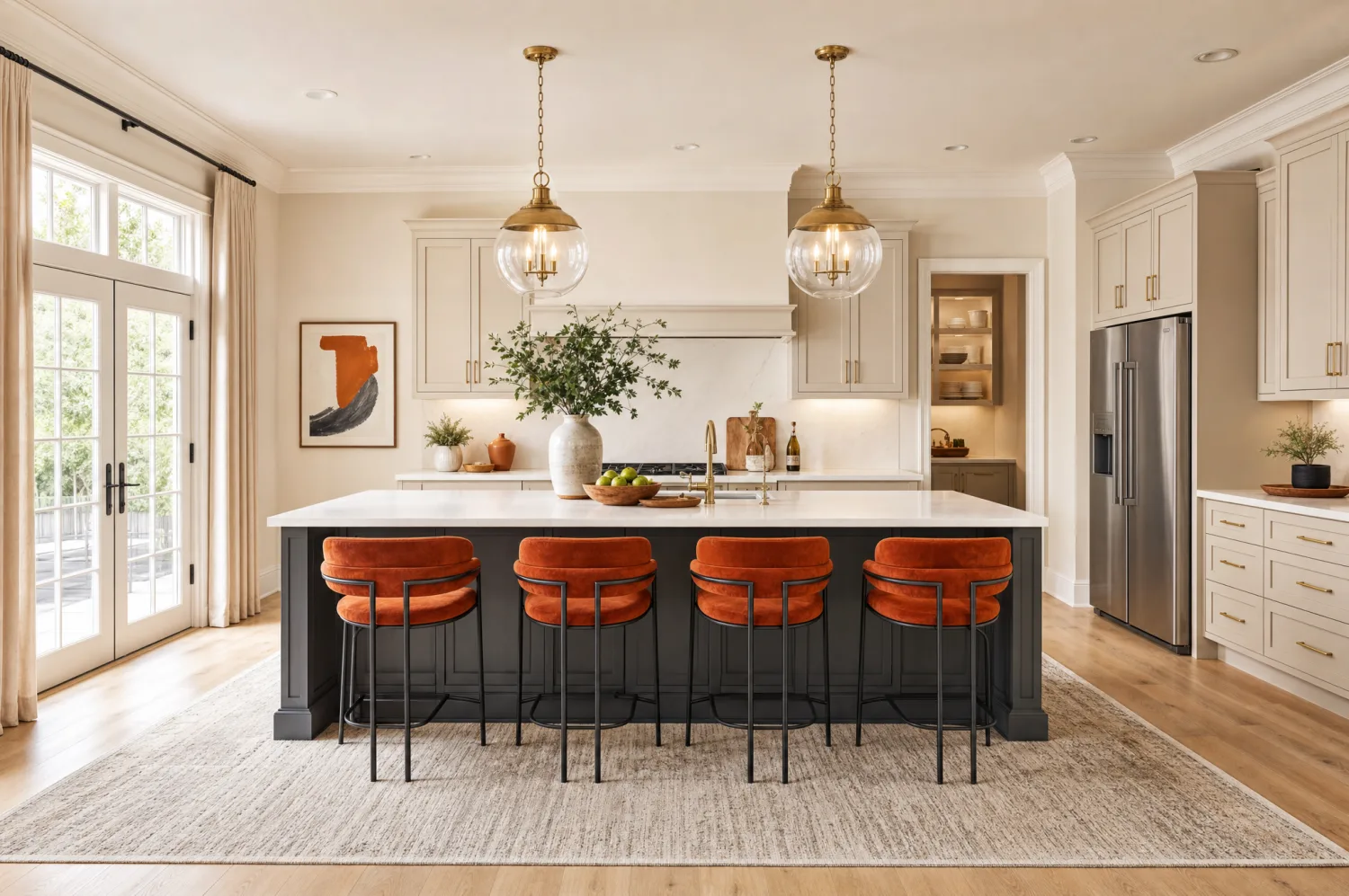 Staged primary bedroom in a new construction model home