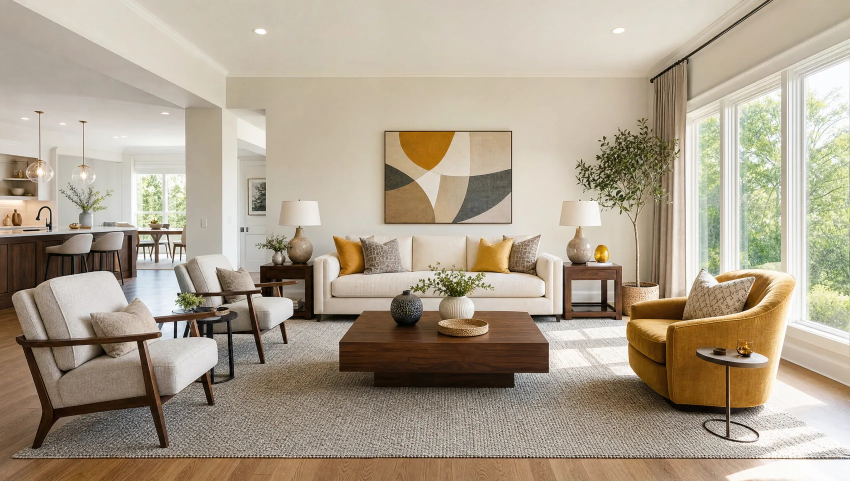 Staged living room in a Buckhead Tudor resale with navy upholstery, brass lighting, and walnut tables